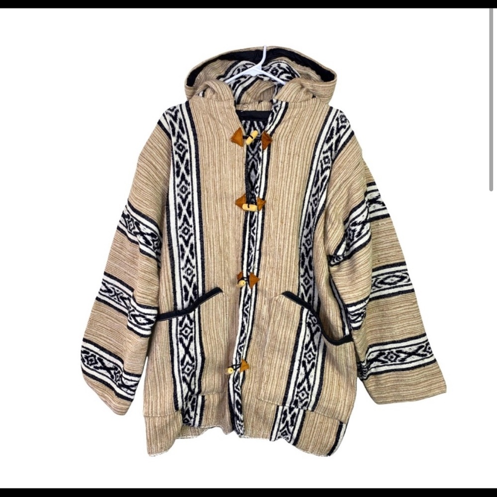Vintage Baja Hoodie Jacket Woven Cotton Leather Patches Wooden Toggles Tan XL
